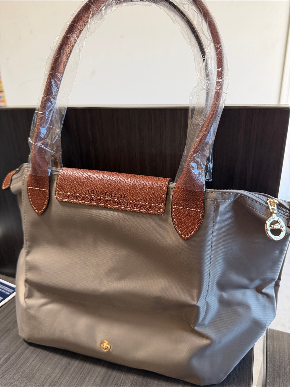 Longchamp Medium Le Pliage Classic Tote Bag in Taupe with Brown Trim - Picture 5 of 6